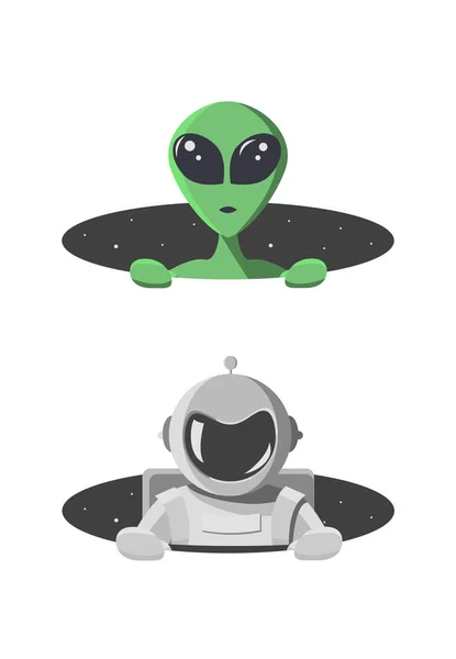 Alieno e cosmonauta esce dal buco dello spazio con le stelle. Extraterrestre e astronauta guarda fuori da un buco nero rotondo. Mostro e umano in stile fumetto piatto Illustrazione vettoriale — Vettoriale Stock