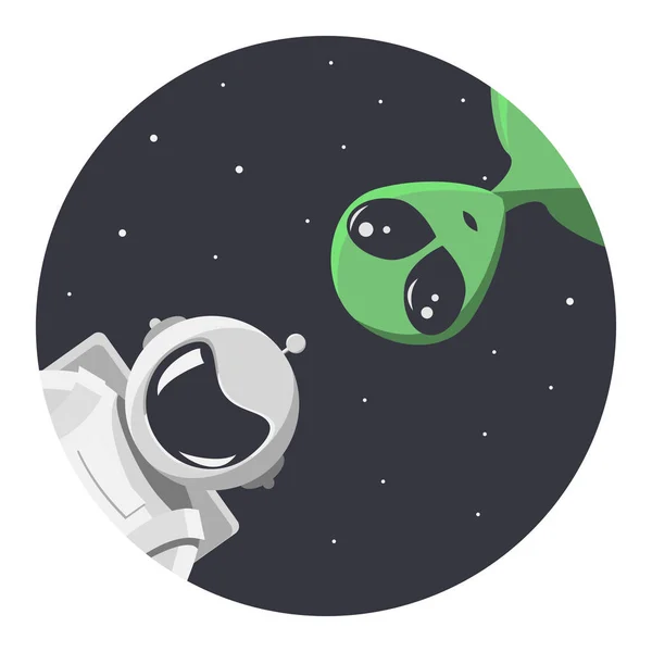Amizade entre alienígena e cosmonauta. Extraterrestre e astronauta olham para nós através do buraco redondo do espaço. Em estilo cartoon plana para t-shirt, impressão ou têxtil. Ilustração vetorial . —  Vetores de Stock