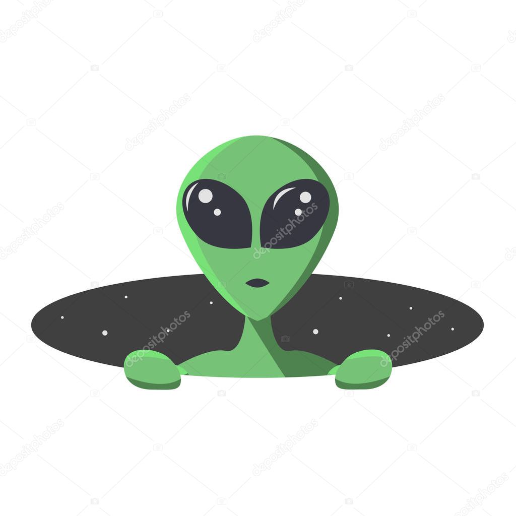 Green alien climbs out from the hole of space with stars. Extraterrestrial in flat cartoon style for t-shirt, print or textile.  Vector illustration.