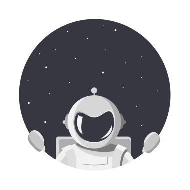 Beyaz uzay giysisi giymiş kozmonot uzayın yuvarlak deliğinden bize bakıyor. Yüzü olmayan kasklı astronot. T-shirt, baskı veya tekstil için düz karikatür tarzında vektör illüstrasyon