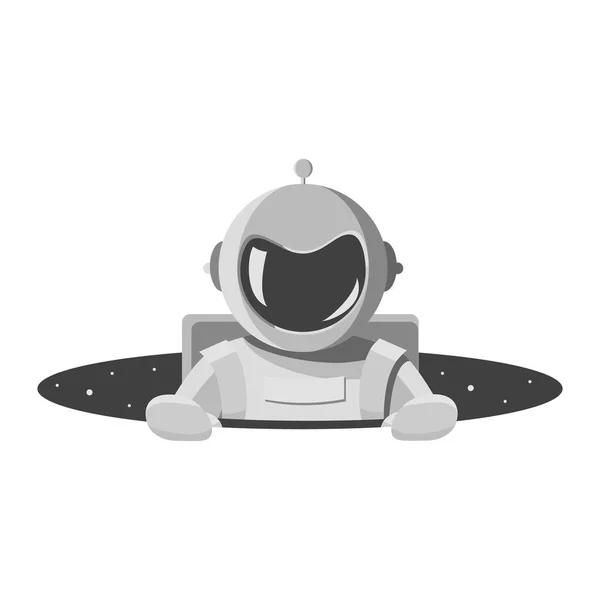Cosmonauta en traje espacial blanco sale del agujero del espacio. Astronauta con casco sin rostro. Ilustración vectorial en estilo plano de dibujos animados para camiseta, estampado o textil — Vector de stock