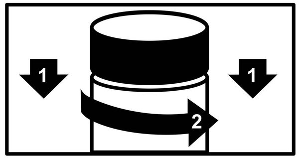 Vector icon illustration of instruction how to open a bottle with childproof cap. Push down turn cover on a medicine bottle with guided illustration on method to open the container cover.