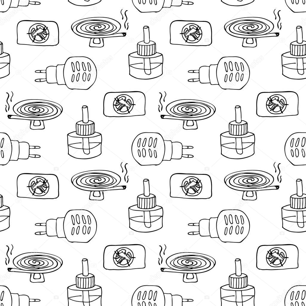Seamless pattern of electric fumigator with a bottle and a plate against mosquitoes. Anti-mosquito home device for smoking pests and biting insectson. Vaporizer mosquito repellent. Vector illustration