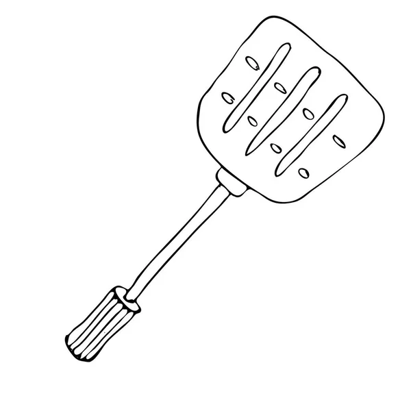 Hand drawing spatula for a frying pan. Outline sketch of turner for cook food. Kitchen accessories. Tools for cooking. Isolated on white background. Vector illustration. — Stock Vector