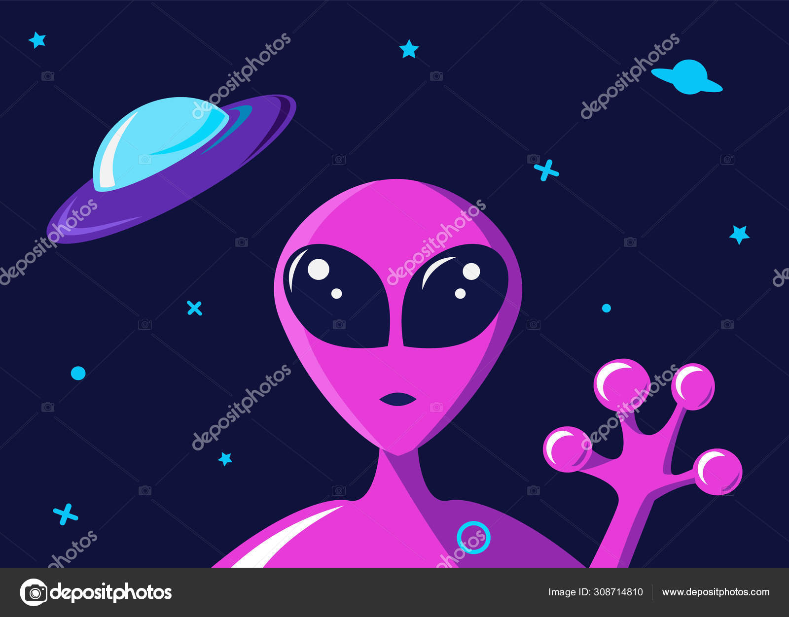 Alienígena Verde Com Olhos Grandes Olha Para Nós Através Do Buraco Redondo  Do Espaço Com Estrelas. Extraterrestre Em Estilo De Desenho Animado Plano  Para T-shirt, Impressão Ou Têxtil. Ilustração Vetorial Com Espaço