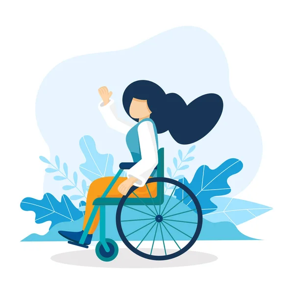 Young caucasian woman sitting in wheelchair. Happy girl with long hair living with disability. Equal opportunities concept. Handicapped character.  Vector illustration — Stock Vector