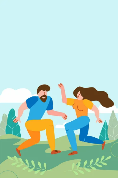 Casal amoroso dançando em um fundo de paisagem de verão verde. Espaço Cope é gratuito para texto de convite para uma dança, festa ou comemoração do Dia dos Namorados. Ilustração vetorial estilo plano — Vetor de Stock