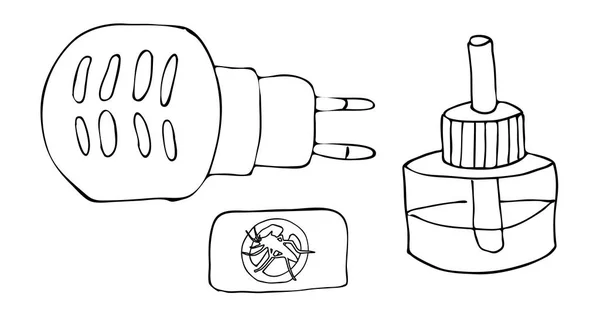 Desenho à mão esboço fumigador com uma garrafa de líquido venenoso com uma vara e uma placa. Dispositivo caseiro anti-mosquito para fumar pragas e morder insetos em fundo isolado. Ilustração vetorial — Vetor de Stock