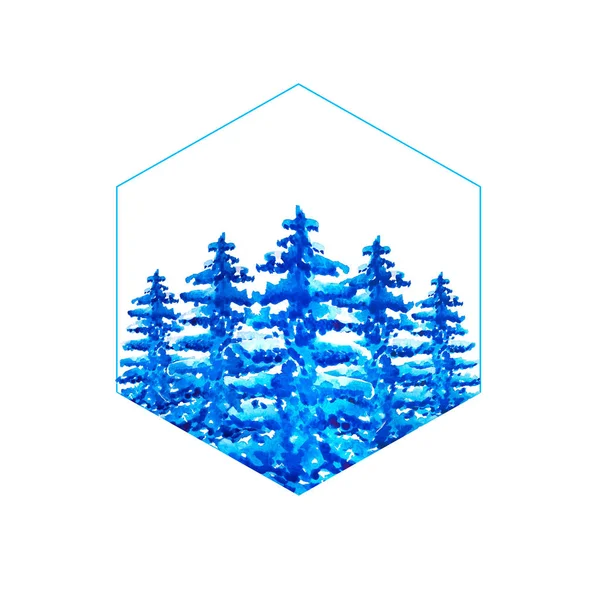 A hexagonal blue frame inside of which a watercolor blue coniferous forest of spruce with snow on branches is isolated on a white background. Polygonal wreath of fir tree with copy space