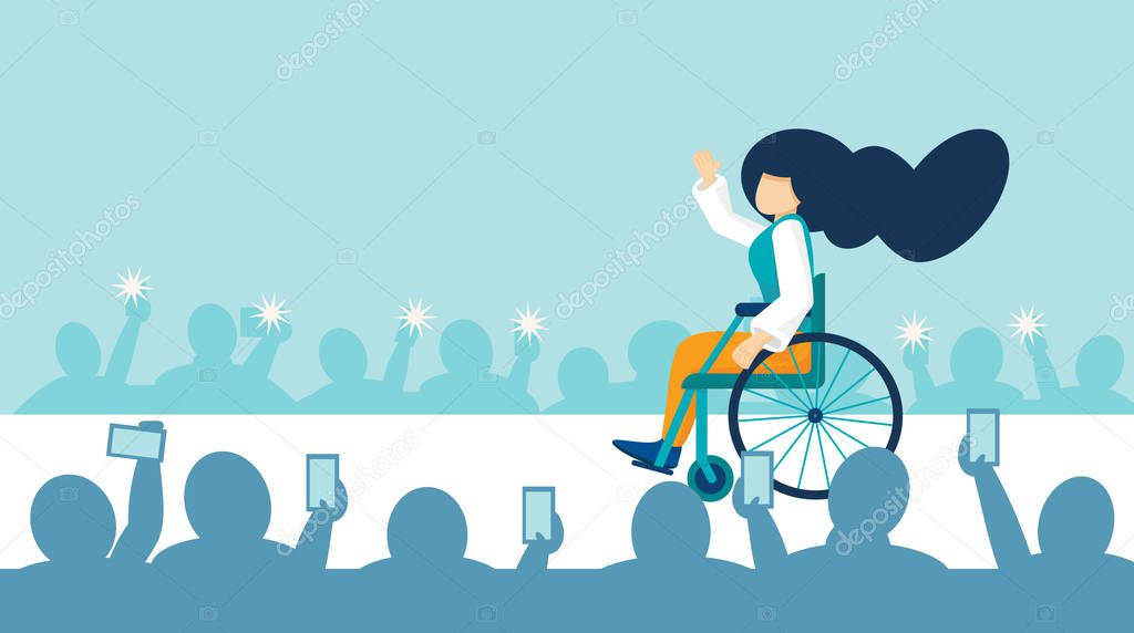 A young girl with disabilities in a wheelchair rides on the catwalk at a fashion show.The concept of equal opportunity. A disabled person is a top model in a fashion house. Vector banner, copy space