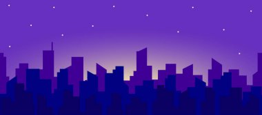 Yükselen ay ve yıldızlarla gece şehir manzarasının kusursuz panoraması. Vektör sonsuz yatay illüstrasyon