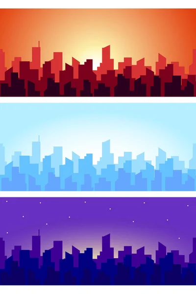 Wide horizontal cityscape at different times. Seamless panorama of skyscrapers roof silhouettes in the morning, afternoon and evening. Vector illustration — Stock Vector