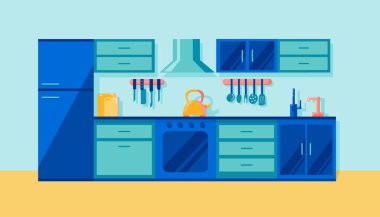 Mutfağın içinde buzdolabı, soba, fırın ve su ısıtıcısı var. Yemek teması. Mavi mobilyaları yemek. Modern moda tasarımı. Düz vektör illüstrasyonu