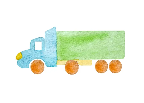 Camion semi-remorque bleu aquarelle comme unité de tracteur et semi-remorque pour transporter du fret en arrière-plan blanc isolé avec corps vert — Photo