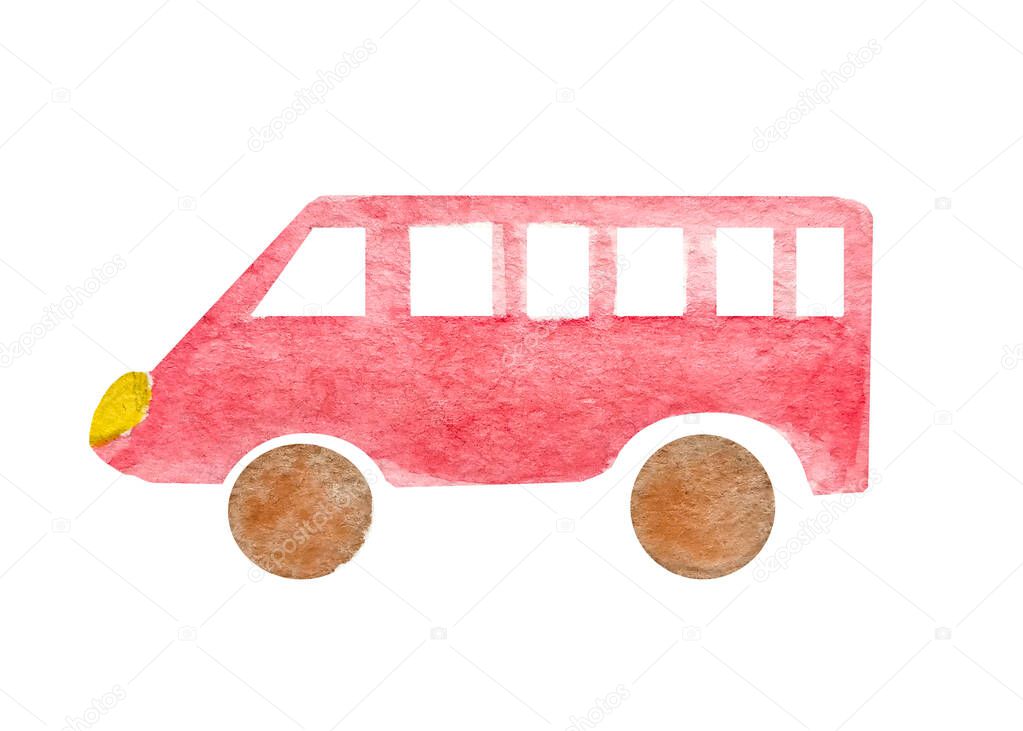 Watercolor red mini bus or taxi isolated on white background. Van passenger truck. Naive art illustration.