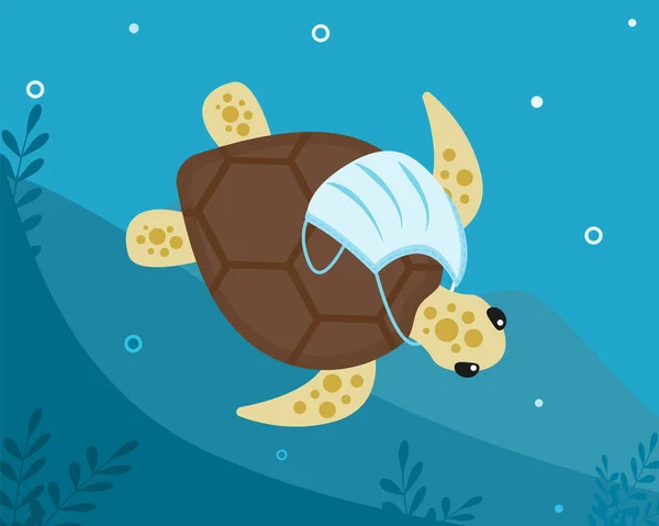 Tropische Schildkröte mit medizinisch-chirurgischer Gesichtsmaske um den Hals treibt auf dem Meeresgrund. Wasserverschmutzung. Folge übermäßigen Konsums, übermäßigen Konsums. Vektorflache Illustration. — Stockvektor