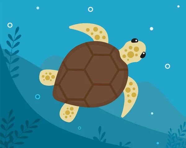 Una Tortuga Marina Tropical Nada Bajo Océano Cerca Del Fondo — Vector de stock