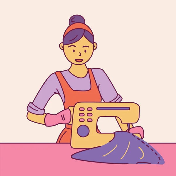Endüstriyel dikiş makinesine dikişli kumaş diken genç kadın karakter. Moda tasarımcısı, nakış işçisi. Vektör düz çizim illüstrasyonu — Stok Vektör