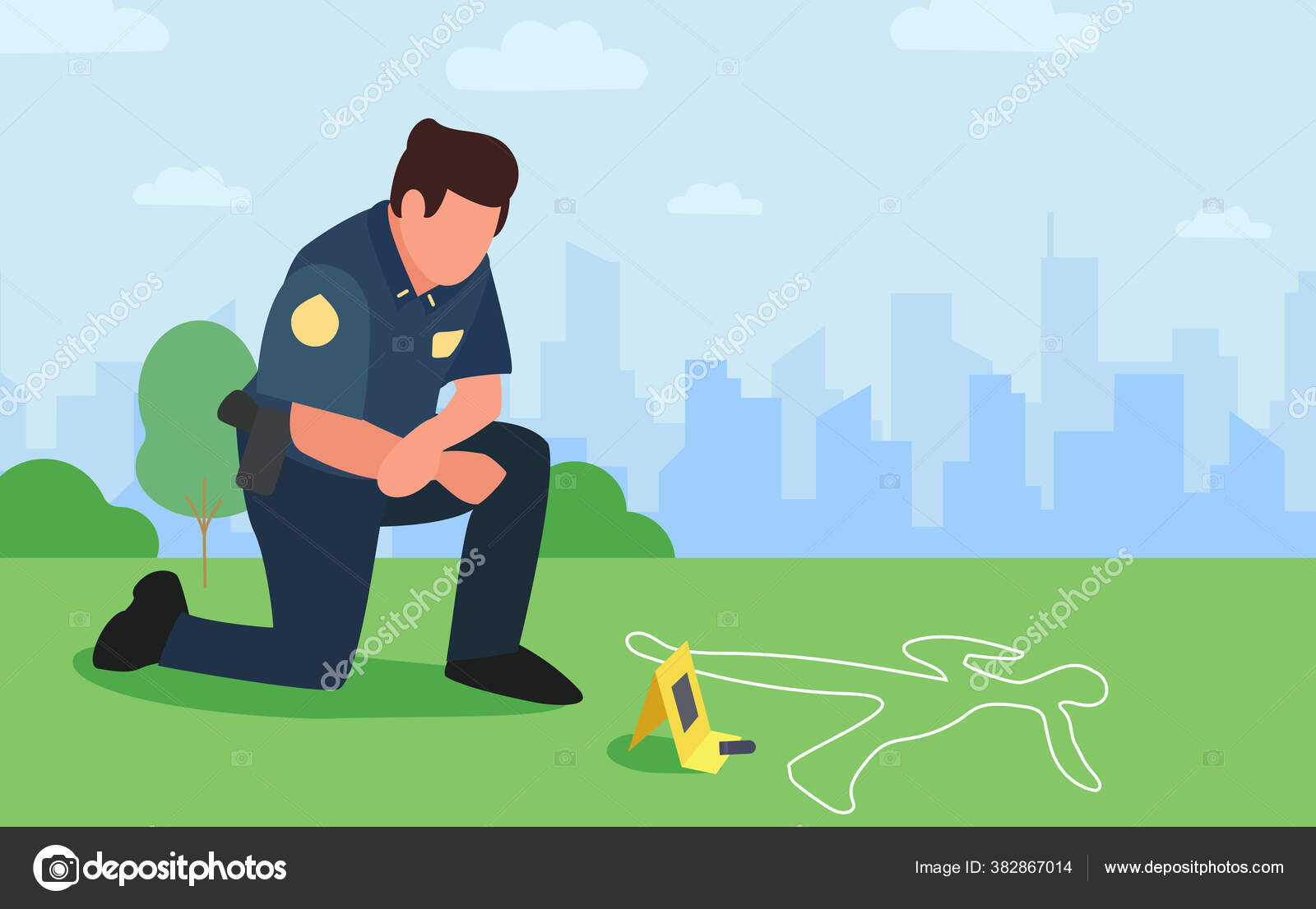 Policeman looks down over evidence and over chalk track of dead man by  bullet on grass. Officer investigates crime cityscape. Thinking young  modern detective character at crime scene. Copy space. Stock Vector