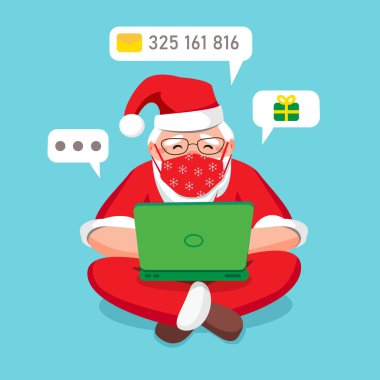 Tıbbi maskeli Noel Baba Coronavirus karantinası sırasında Mutlu Noeller ve yeni yıl 2021 diliyor. Evde dizüstü bilgisayarla oturuyor, geçmişini kontrol ediyor ve e-posta yazıyor. Vektör düz resimleme
