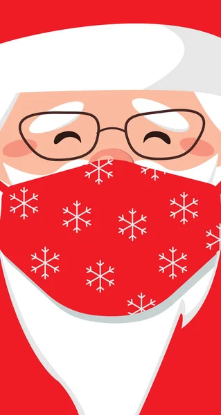 Portrét Santa Clause v ochranné masce proti koronaviru během karantény. Chirurgická červená maska se sněhovou vločkou. Vzdálený Nový rok a Vánoce2021. Vektorová plochá ilustrace. — Stockový vektor