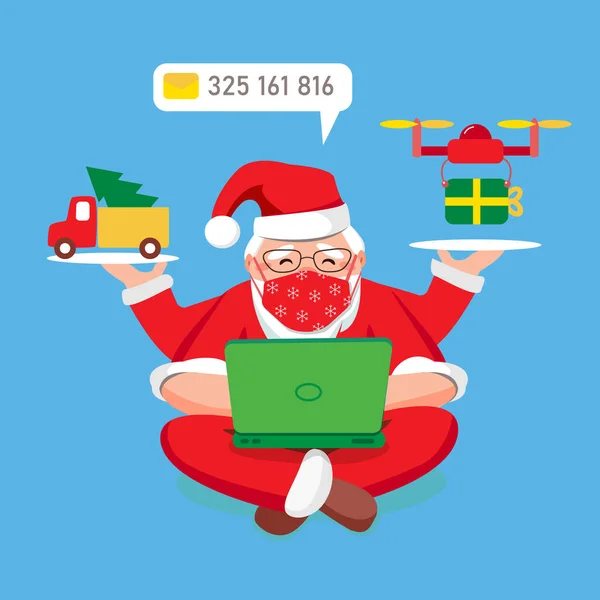 Multitâche Père Noël à la maison répond aux demandes par e-mail sur ordinateur portable. Envoi de cadeaux par copter. Arbre de Noël en camion. Retiré Nouvel An Noël 2021 en quarantaine. Illustration vectorielle plate — Image vectorielle