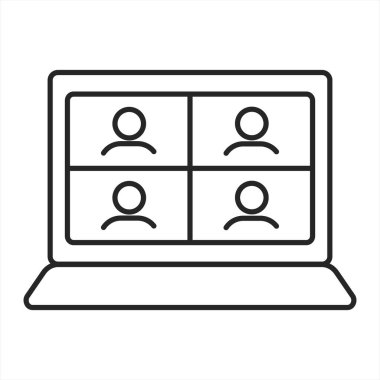 Laptop ince çizgi ikonunda konferans görüntüsü. Evden çalışıyorum. Uzaktan öğrenme. Grup üyeleri ekranda. Yakınlaştırma odasında konuşma. Vektör illüstrasyonu izole edildi. Düzenlenebilir vuruş
