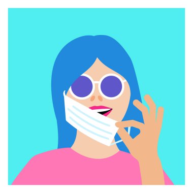Yuvarlak gözlüklü gülümseyen kadının renkli portresi. Turkuaz ve neon mavisi arka planda fotokopi alanı olan tıbbi koruyucu maskeyi çıkaran bir kız. Avatar. Minimalist. Vektör Düz Çizim