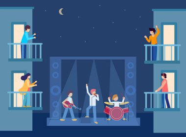 Karantina sırasında evlerin, ofislerin, otellerin balkonlarının altında müzik konseri. Şehir caddesinde açık sahne. Balkondaki insanlar müzisyenleri alkışlıyor. Sosyal mesafe. Vektör illüstrasyonu