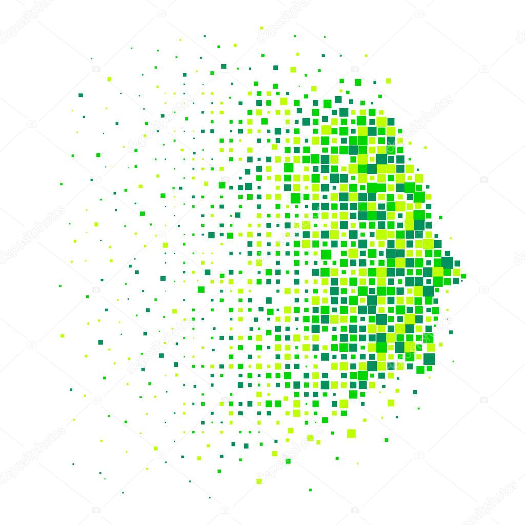 Abstract human face in a profile in green pixel mosaic. Concept of protection of the nature and world. Minimalist design for the logo or infographics. Vector illustration