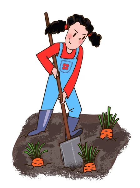 Junge Mädchen Schaufel gräbt Karotte — Stockvektor