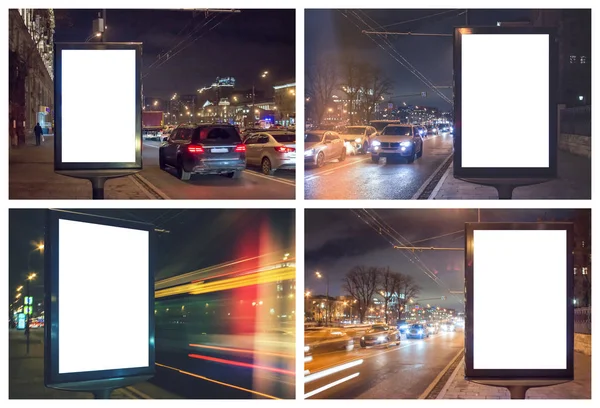 Conjunto de lightbox em branco à noite com luzes do carro em borrão de movimento — Fotografia de Stock