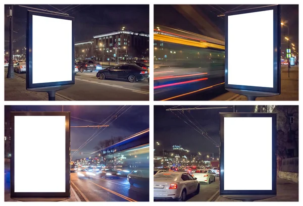 Conjunto de lightbox em branco à noite com luzes do carro em borrão de movimento — Fotografia de Stock