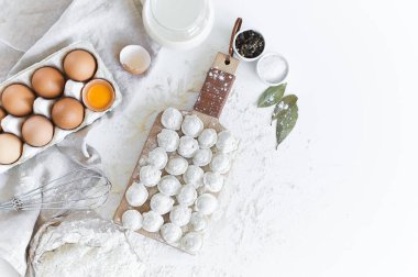 Ev yapımı köfte modelleme için malzemeler. Yumurta, süt, un, tuz, biber, et. Beyaz arka plan, üstten görünüm, metin için yer