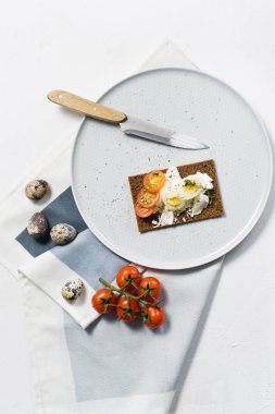 Tost bıldırcın yumurtası. Malzemeler domates, yumurta, peynir, çavdar ekmeği. Beyaz arka plan, üstten görünüm