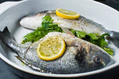 Çiğ Dorado balık Marine zeytin yağı, tuz ve biber, bir dilim limon üstte. Koyu arka plan, üstten görünüm, yakın çekim