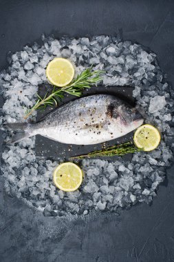 Dorado balık bir siyah Doğrama tahtası, madde biberiye, limon, ham buz. Koyu arka plan, üstten görünüm