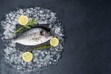 Dorado balık bir siyah Doğrama tahtası, madde biberiye, limon, ham buz. Koyu arka plan, üstten görünüm, metin için yer