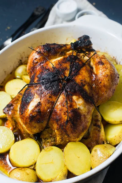 Baked Chicken Potato Garnish Dark Background Top View Close — Stock Photo, Image