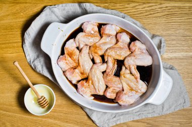 Tavuk kanadı bal ve soya sos turşusu. Üstten Görünüm