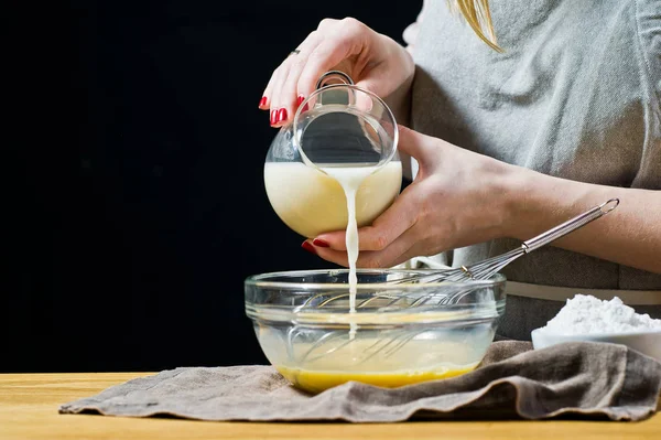 Chef Pours Milk Bowl Concept Cooking Pastries Ingredients Quail Eggs — Stock Photo, Image