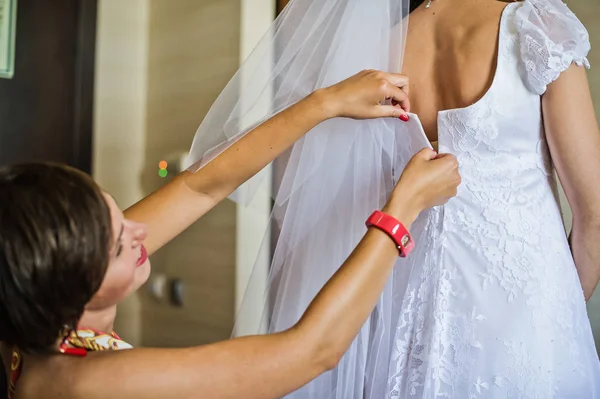 Bruid Draagt Een Witte Trouwjurk Handen Gebonden Korset — Stockfoto