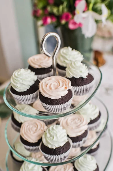 Pink and green cream cupcake on the buffet table of the restaura — Stock Photo, Image