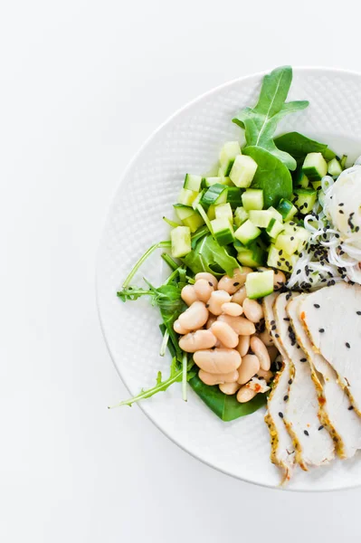 Healthy balanced food, summer restaurant menu, bowl with glass n