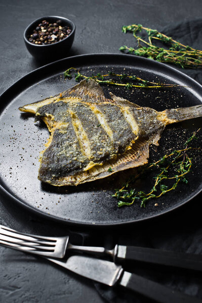 Grilled plaice, balanced healthy food. Gray background, top view, space for text.