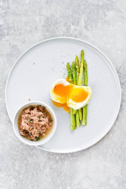 Yumurta ve ton balığı ile pişmiş mini kuşkonmamıza. Gri arka plan, üst görünüm, metin alanı.