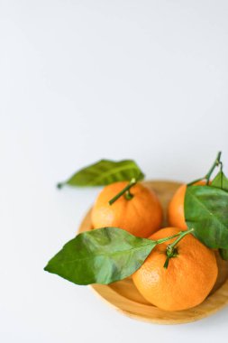 Beyaz arka planda dalları ile Mandarine.