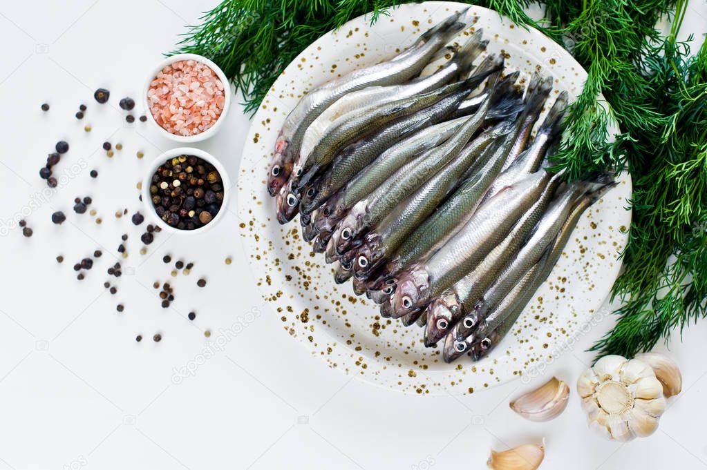 Raw smelt on a plate, dill, pink salt, pepper and garlic. White background, top view, space for text.