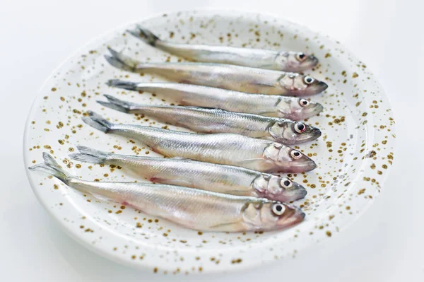 Raw smelt on a plate. White background, top view, space for text. — Stock Photo, Image