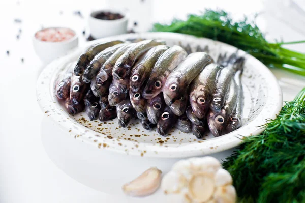 Raw mackerel on a plate, dill, pink salt, pepper and garlic. White background, top view, space for text. — Stock Photo, Image